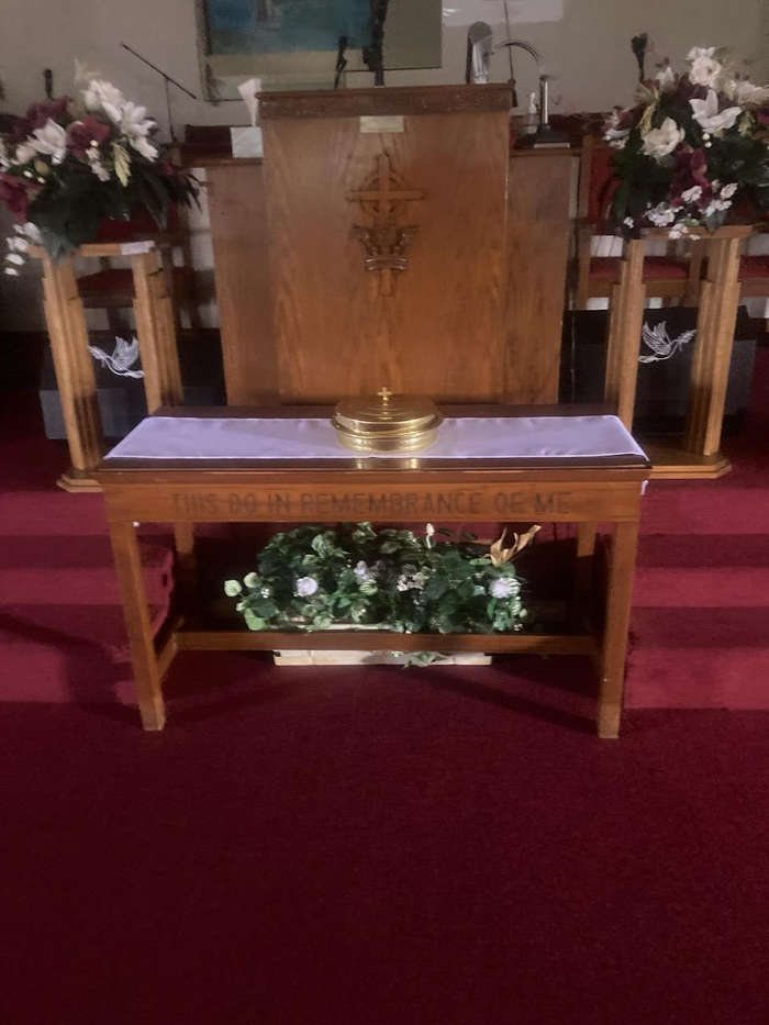 The altar and offering table in the New Mount Bethel sanctuary